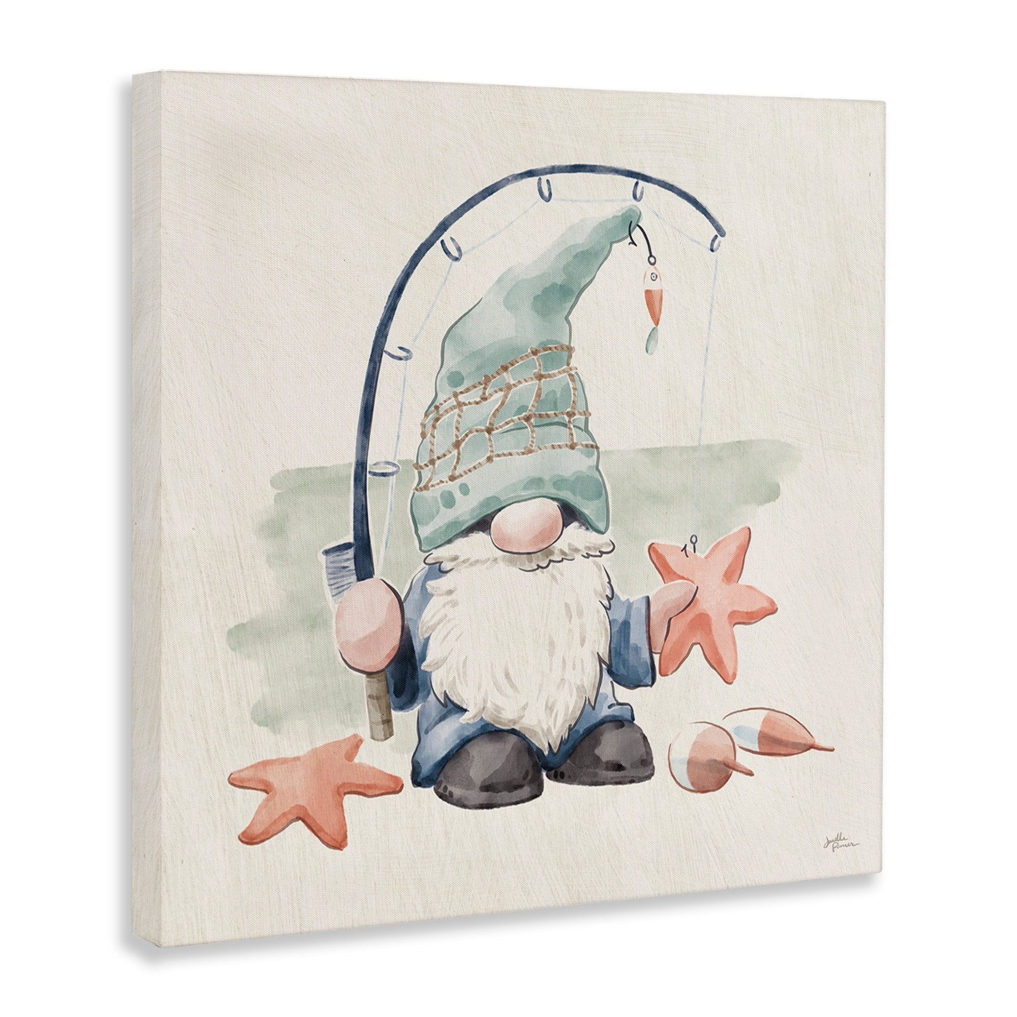 Stupell Industries Summer Beach Fishing Gnome Holding Starfish Watercolor Illustration Gallery-Wrapped Canvas Print Wall Art, 17x17, by Janelle Penner