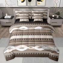 Feelyou Modern Boho Lines Bedding Comforter Set 7pcs for Men, Brown Cycle Abstract Queen Bedding Sets, Fashion Stripes Art Reversible Queen Sheet Sets, Luxury Bedroom Decor