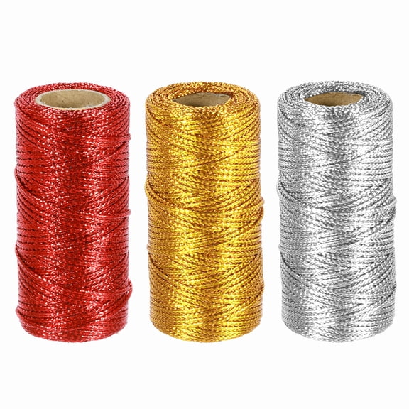 Uxcell 3 Roll 1.5mm Metallic String, 16 Ply Decorative Metallic Bakers Twine Thread Cord Rope for Gift Wrapping DIY Crafts Making Decor, Gold Tone/Silver Tone/Red, 164Yards Total