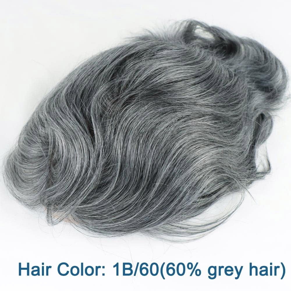 Hair System Mens Toupee Human Hair Replacement Wigs for Men Natural Hairline Fine Mono with PU Hairpiece 1B Off Black with 60% Synthetic Grey Hair 8x10 Inch