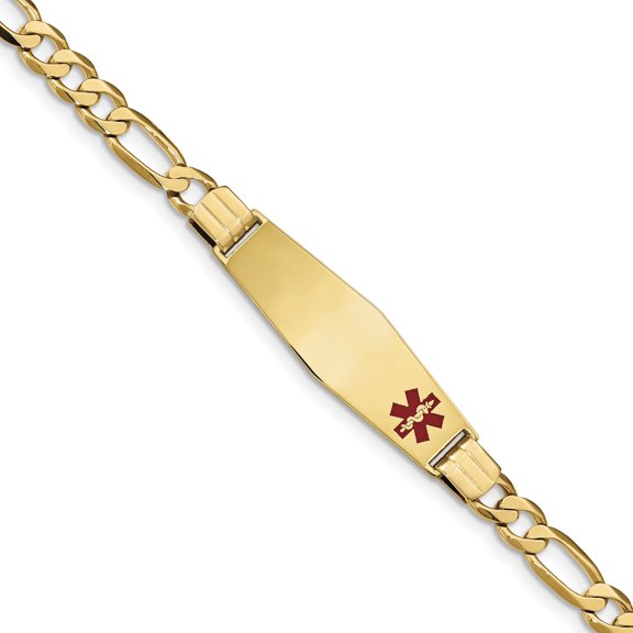 Beautiful 14K Medical Soft Diamond Shape Red Enamel Flat Figaro Link ID Bracelet