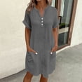 thumbnail image 2 of Horkkom Linen Dress Women V Neck Solid Color Short Sleeve Sundresses Beach Vacation T Shirt Dress with Pocket, S-2XL, 2 of 7
