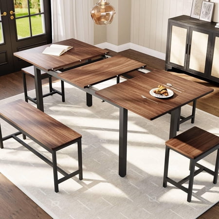 5-Piece Extendable Dining Table Set for 4-8 People 63 Inch Kitchen Table with 2 Benches & 2 Stools Space Saving Modern Dining Room Furniture Easy Assembly