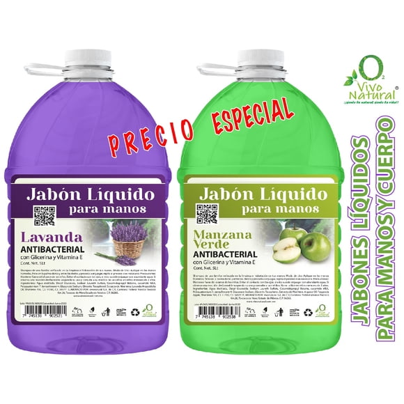 Duo Lavanda - Manzana Verde VivoNatural Jabón Líquido Antibacterial para manos y cuerpo 5 litros