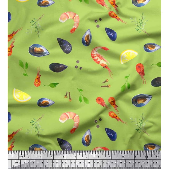 Soimoi Poly Georgette Fabric Gemstone,Lemon Slice & Prawns Food Fabric Prints By Yard 42 Inch Wide
