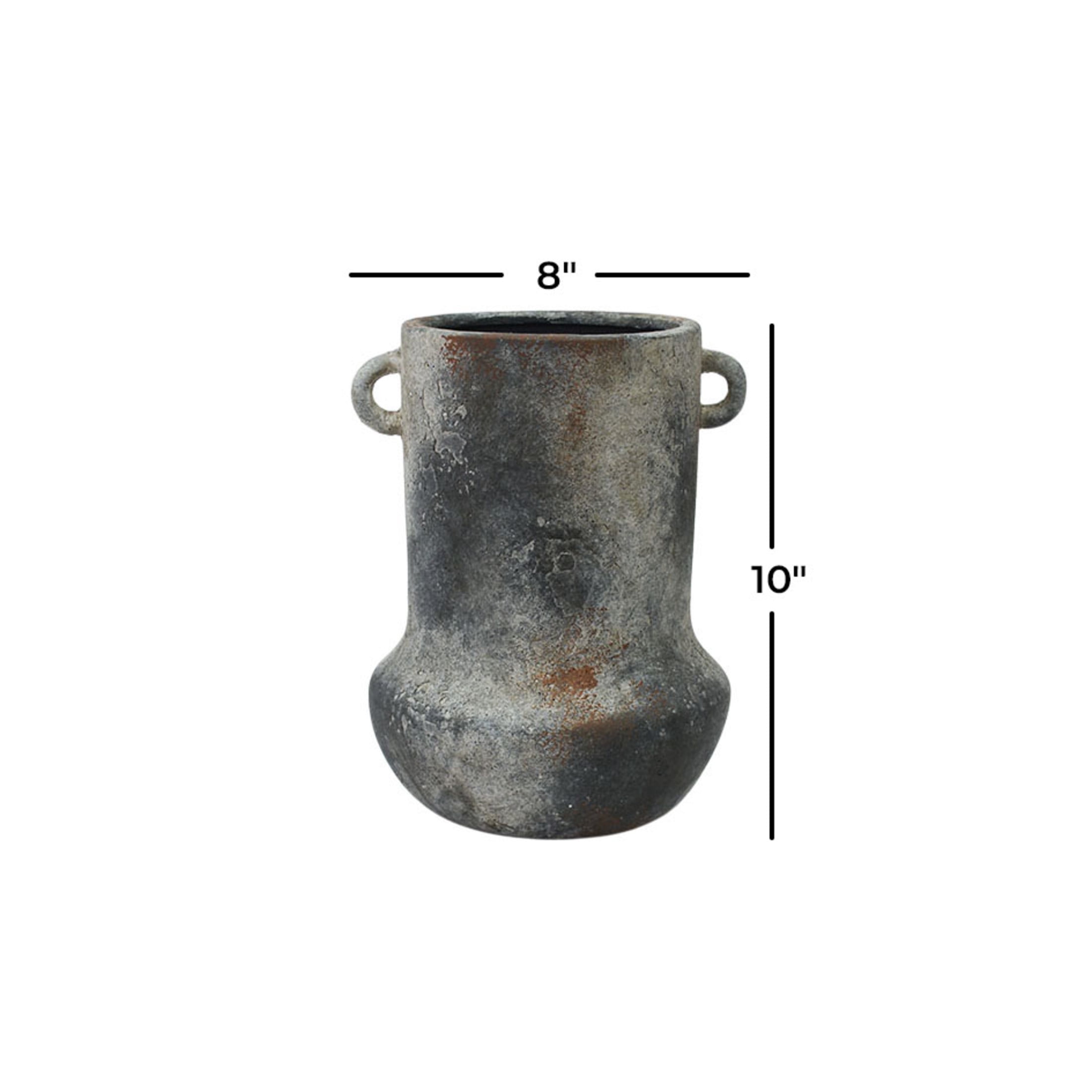 DecMode 10" Antique Style Textured Dark Gray Ceramic Vase with Brown Accents and Handles