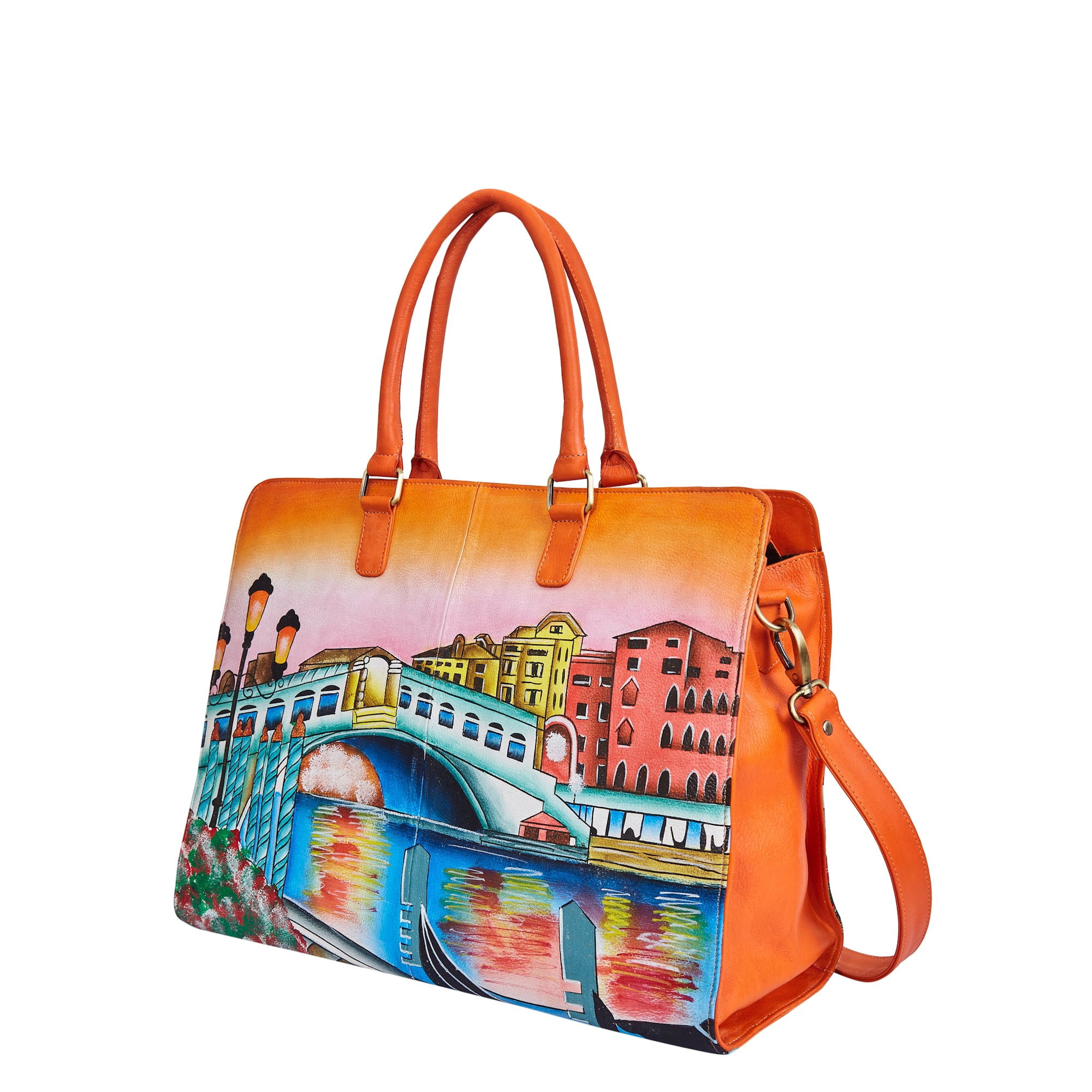 Sishka Womens Venice Cityscape Hand-Painted Leather Ladies Bags – Elegant Orange Business Briefcase, Stylish Laptop Shoulder Bag