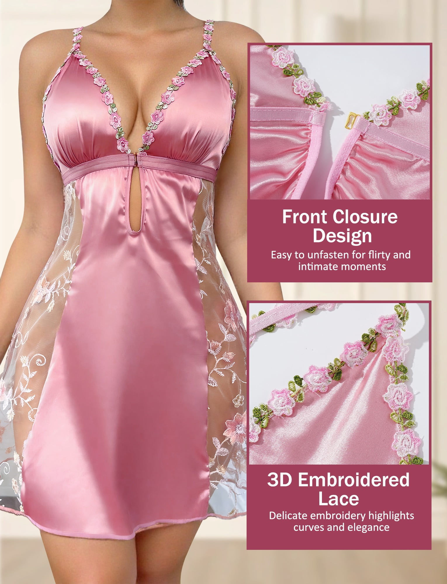 Ausing Women's Satin Nightgowns Sleepwear Floral Embroidered Deep V Sleep Dresses Lace Trim Sheer Chemise Closure Front Night Dress Mesh Babydoll Lingerie Set Night Dress M Pink