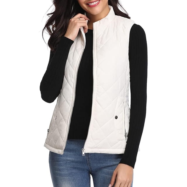 Chaleco de mujer con cuello alto Chalecos Chaleco acolchado Chaqueta ligera sin mangas con bolsillos con cremallera (XXL)