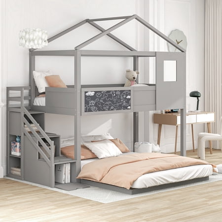 LANTRO JS Twin over Full House Bunk Bed with Storage Staircase and Blackboard,Grey