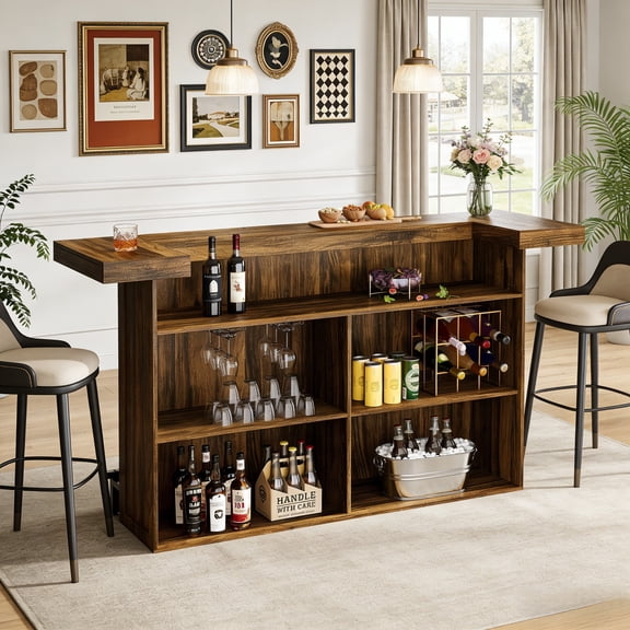 Fnova 70.9" 4-Tier Modern Bar Table, Pub Table with Wine Glass Holder & Footrest, Large Home Bar Unit with Storage Shelves for Kitchen, Dining Room & Commercial Use