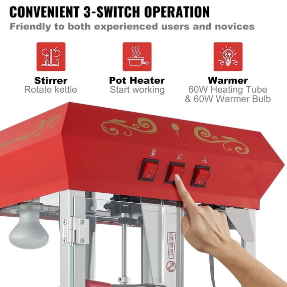 Countertop Popcorn Maker, 8 Oz Popcorn Popper Machine, 850W, Red, 48 Cups, Ideal for Family Fun