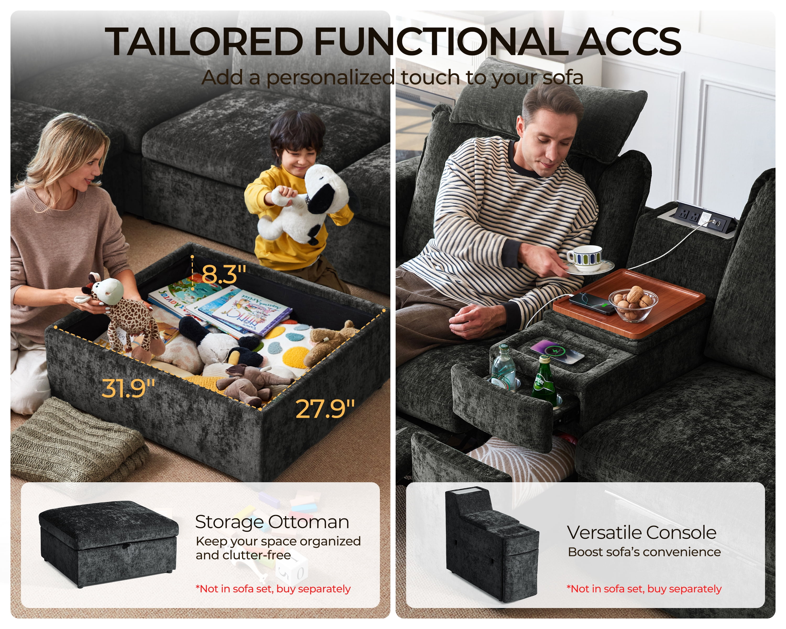 BEDEEP Movable Storage Ottoman for Modular Sectional Sofa, Chenille Ottoman with Storage for Living Room, Black