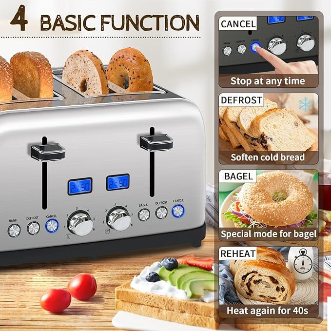 Toaster 4 Slice, LCD Display, 6 Shade Settings, 1.5'' Wide Slots, Digital Stainless Toaster for Bagel, Defrost, Reheat, Dual Control, Removable Crumb Tray, 1500W, Silver Metallic