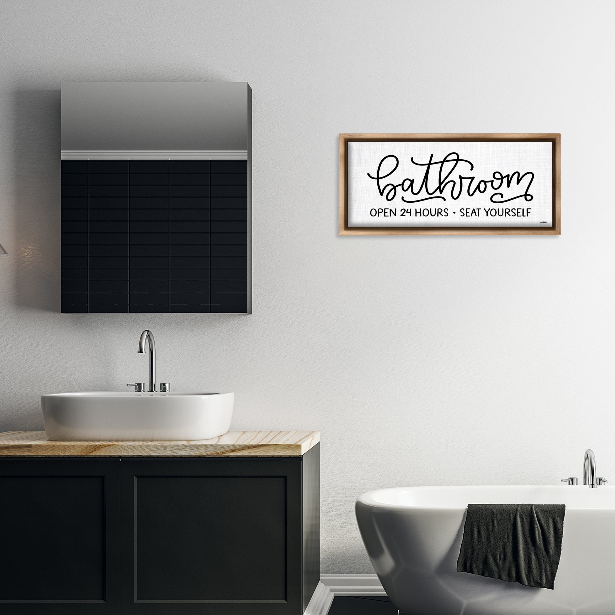 Stupell Industries Bathroom Seat Yourself Bath & Laundry Painting Brown Floater Framed Canvas Art Print Wall Art, 31 x 14