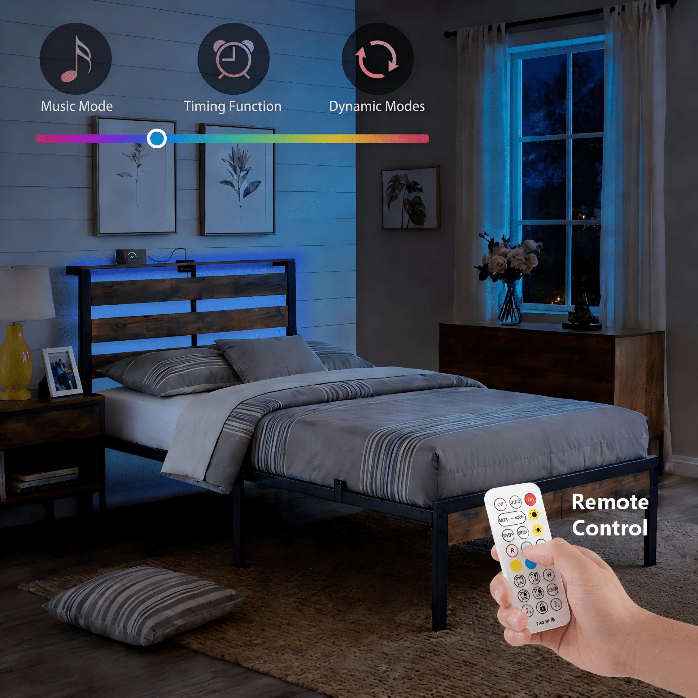 BSHTI Twin Size LED Bed Frame with Metal Frame, RGB Lights & Storage Headboard, No Box Spring Needed, Under-Bed Storage, for Bedroom, Dorm, or Guest Room，Rustic Brown