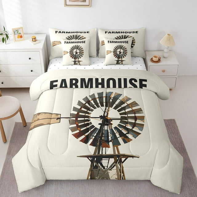 YST Ensemble de Douillette Rustique de Style Ferme, 7 Pcs, Décor Moulin à Vent, Format Double, Lit en Sac