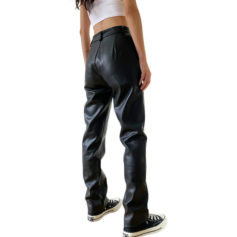 Frobukio Women Straight Faux Leather Pants with Pocket High Waist