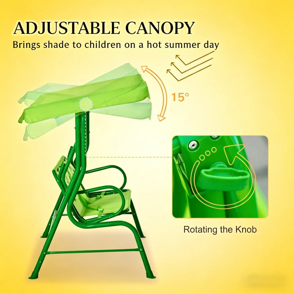 Green Double Seat Kids Swing Chair, 43.25" Steel Frame Swing with Adjustable Canopy, Safety Belts & Lion Design for 3-6 Years Old, 132 lbs Capacity
