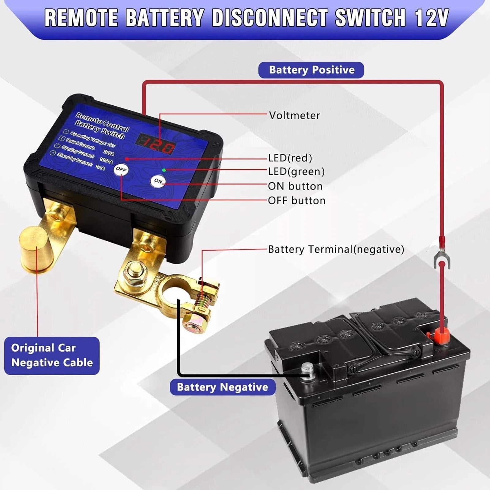 CSYANXING 12V Remote Control Car Battery Kill Switch 240A with LED Voltage Auto Disconnect to Prevent Battery Drain