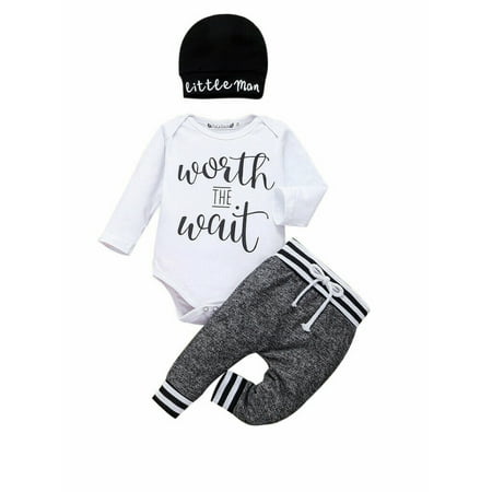 

Multitrust 3PCS Newborn Kid Baby Boy Girl Tops Pants Romper Cotton Hat Outfit