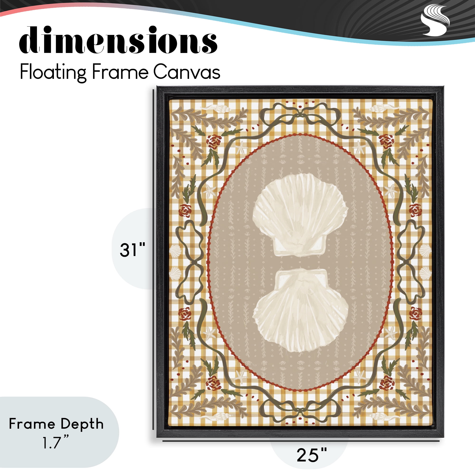 Stupell Industries Vintage Shells on Gingham Black Framed Floater Canvas Wall Art, design by Vero Illustrates