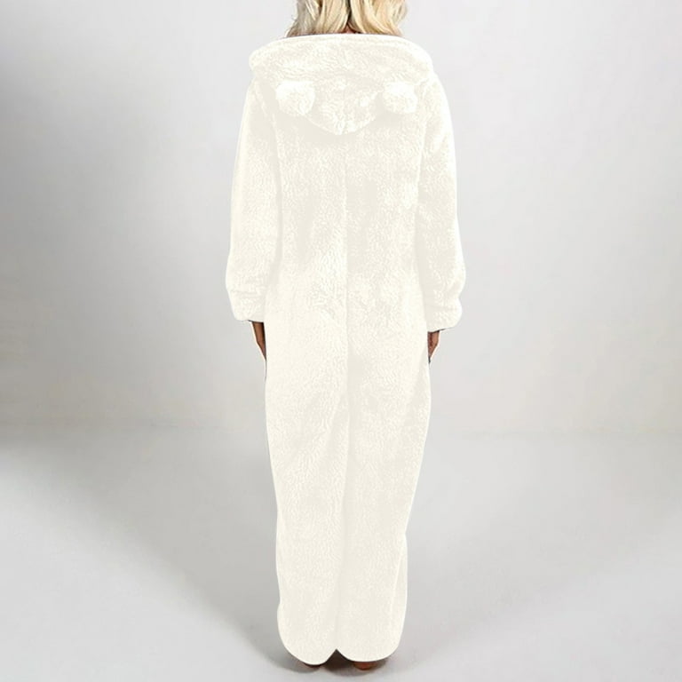 Fuzzy Fleece Onesies Pajamas Jumpsuit Women Long Sleeve Hooded Zip up Plus Size Cute Ears Hood Rompers Sleepwear 3X Large White Walmart