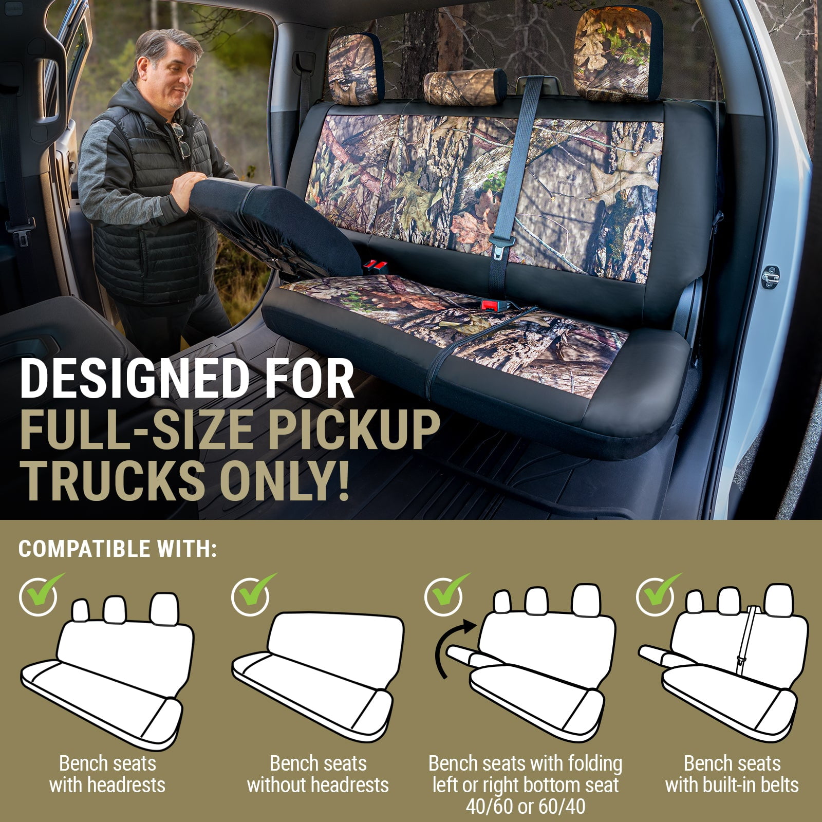 Mossy Oak Truck Bench Seat Cover, Fits Full-Size Truck Bench Seats, 600D Oxford Camo, Black