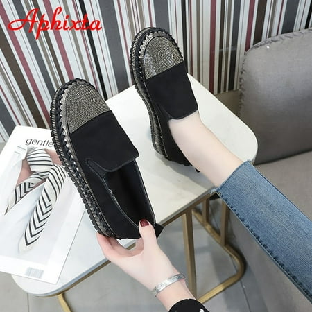 

Aphixta Crystals Round Toe Leather Flats Shoes Women Silver Bling Loafers Couple Platform Shoes Woman Flat With Students Size 43