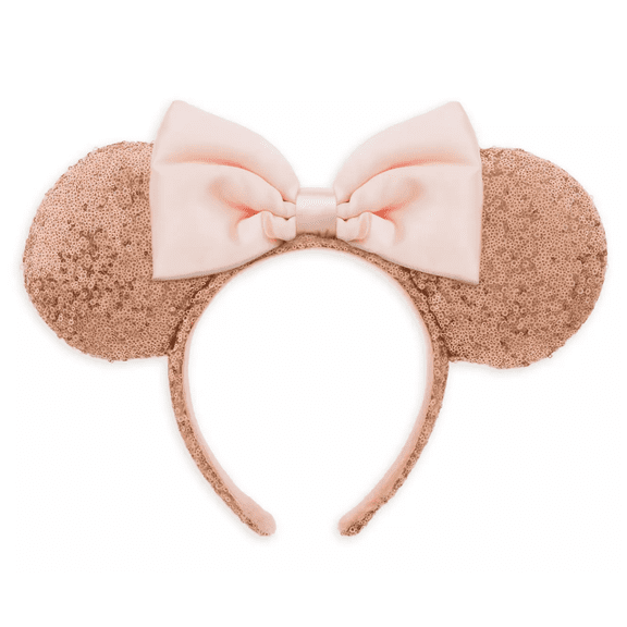 Disney Parks - Minnie Mouse Ears Headband- Sequined Rose Gold with Pink Satin Bow