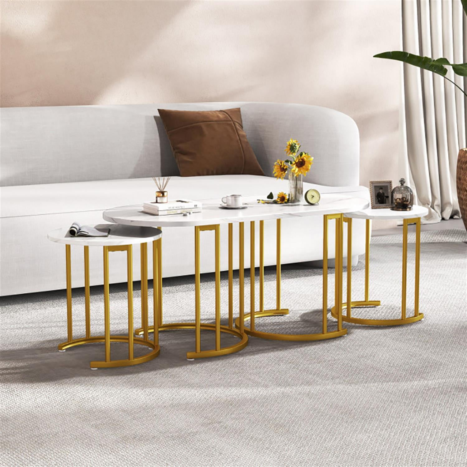 Demi Bonn Coffee Table Set of 3, Powder-coated Gold Metal Frame Dining Center Tables with Faux Marble Tabletop for Living Room, Bedroom, Office and Balcony, White