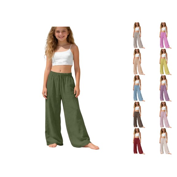Krdevn Girls Wide Leg Linen Pants Elastic Waist Drawstring Casual Lightweight Trousers for School Play,8-9 Years