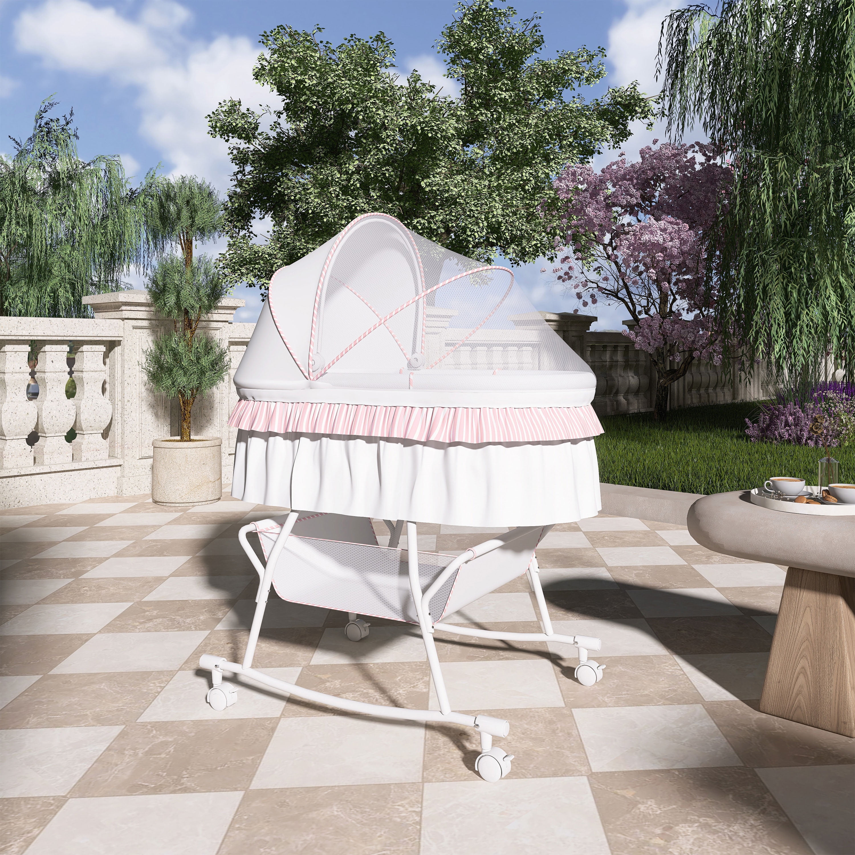 Dream On Me Lacy Portable 2-in-1 Bassinet & Cradle in Pink and White, Lightweight Baby Bassinet