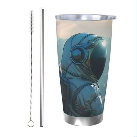 

KLL Astronaut Contemplating Planet Print 40oz Stainless Steel Insulated Car Cup with Spillproof Lid - Keep Your Drink Hot or Cold on the Go-Straw Two-piece Set