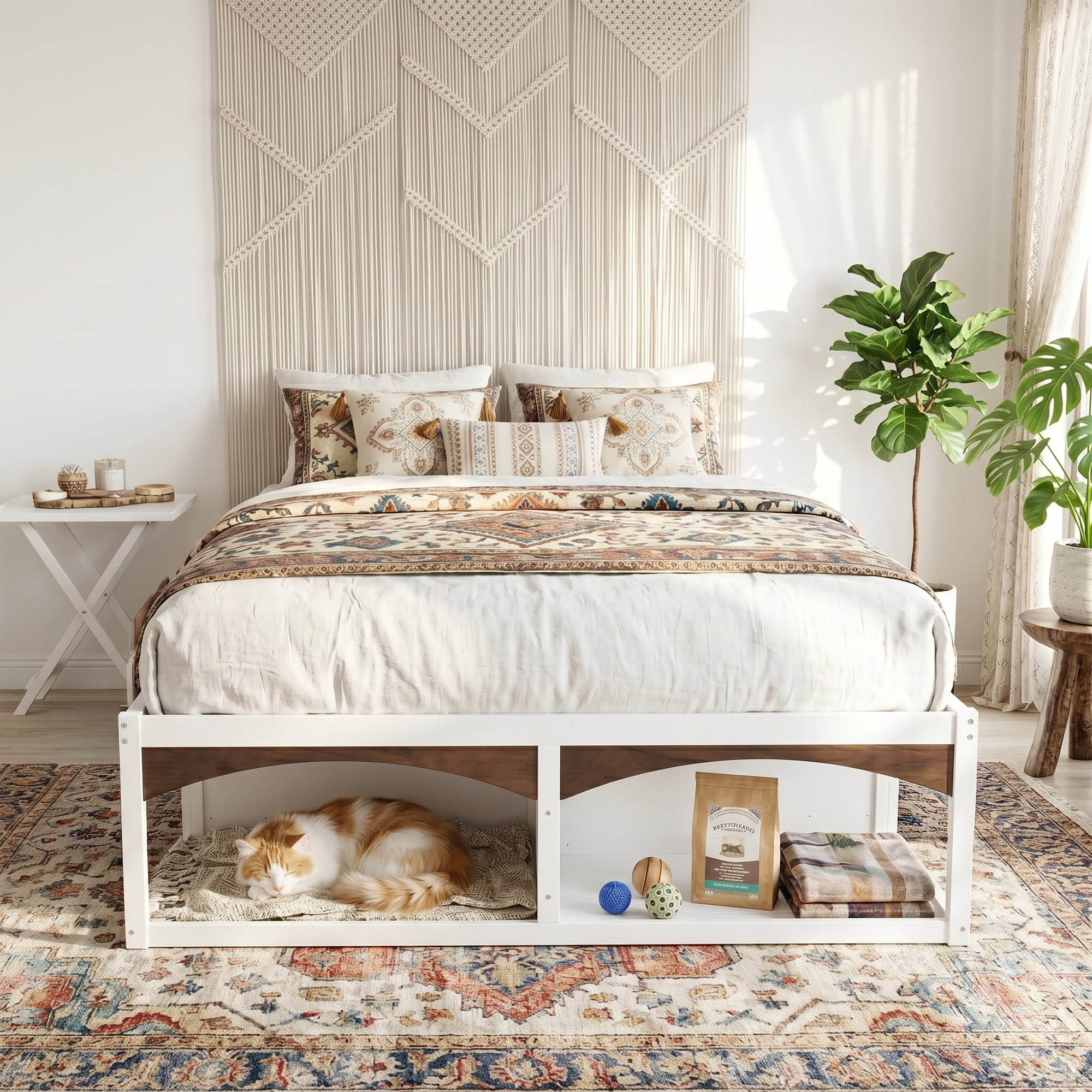 King Size Platform Bed with 2 Storage Drawers, Lighted Under-Bed Open Pet Space, No Headboard