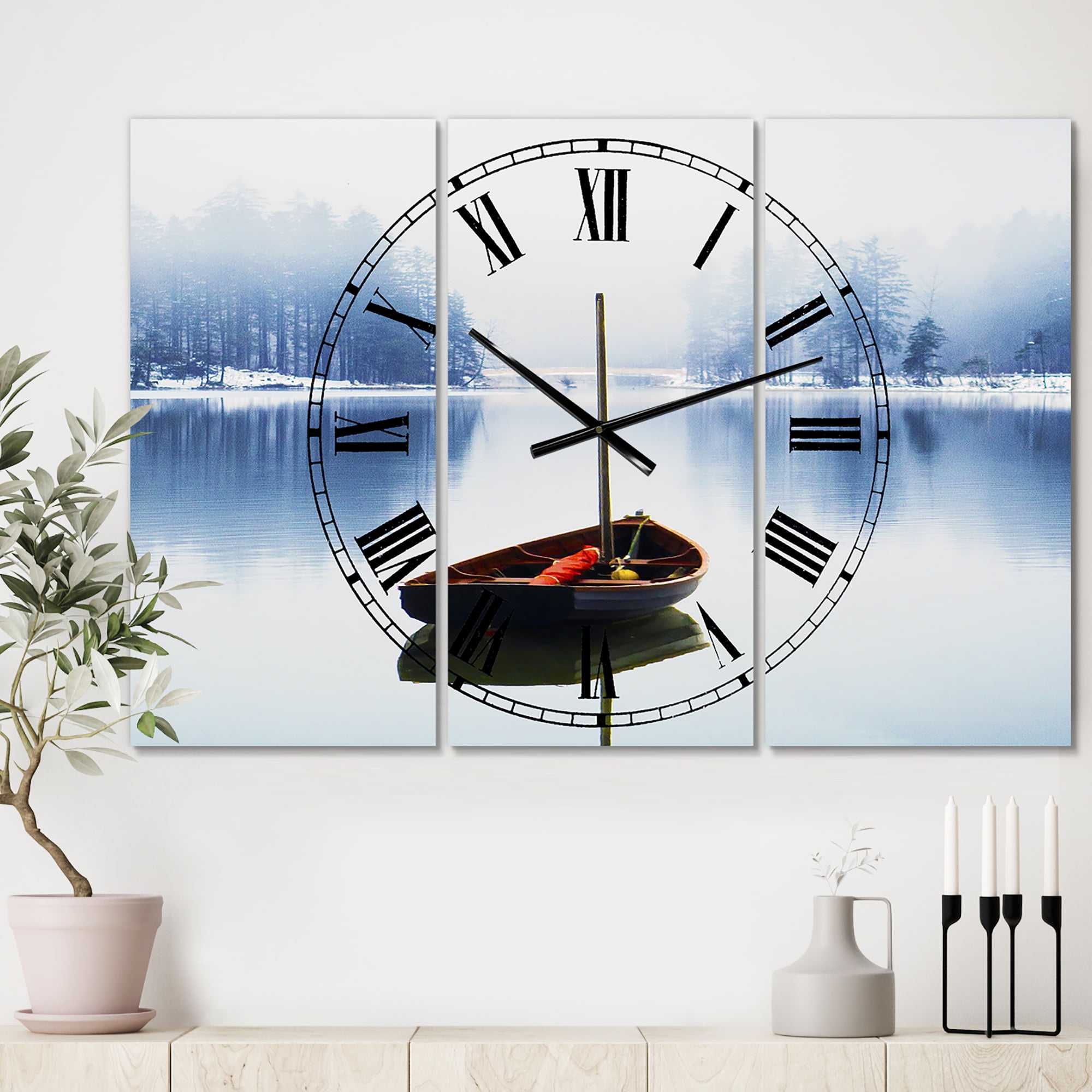 Designart 'Empty Boat On Blue Lake' Oversized Lake House Wall Clock