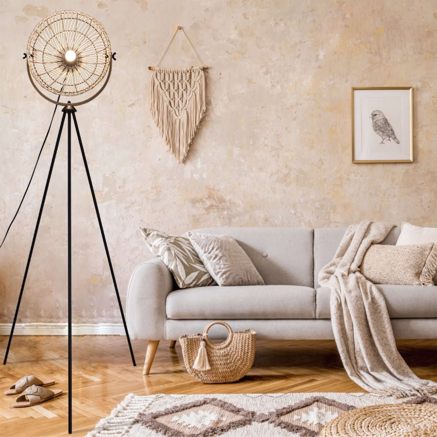 Osasy 65.8 in Rustic Boho Adjustable Height Metal Tripod Floor Lamp with Beige Bowl Shade