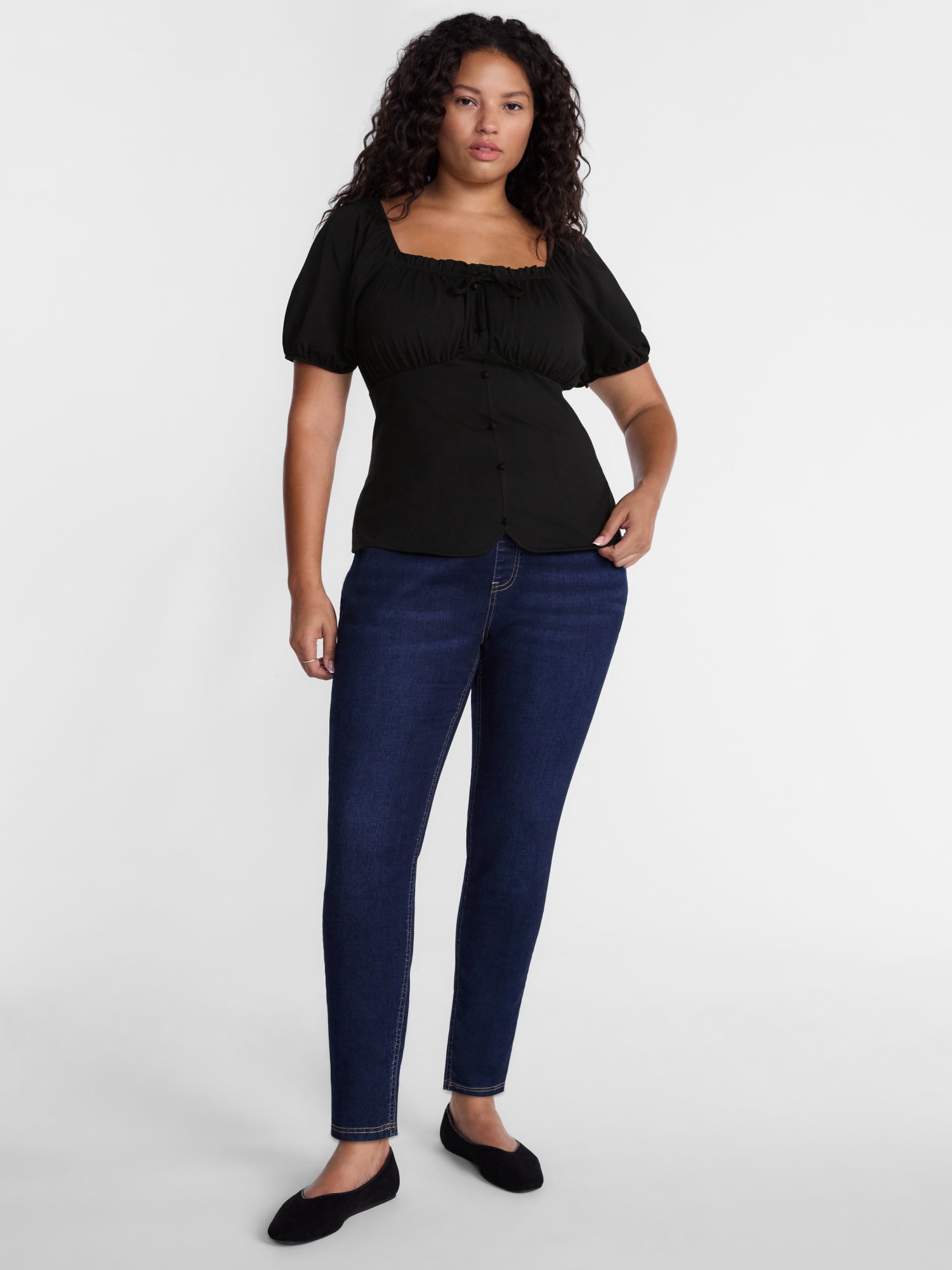 Terra & Sky Women's Plus Button Front Babydoll Top with Short Puff Sleeves, Sizes 0X-5X