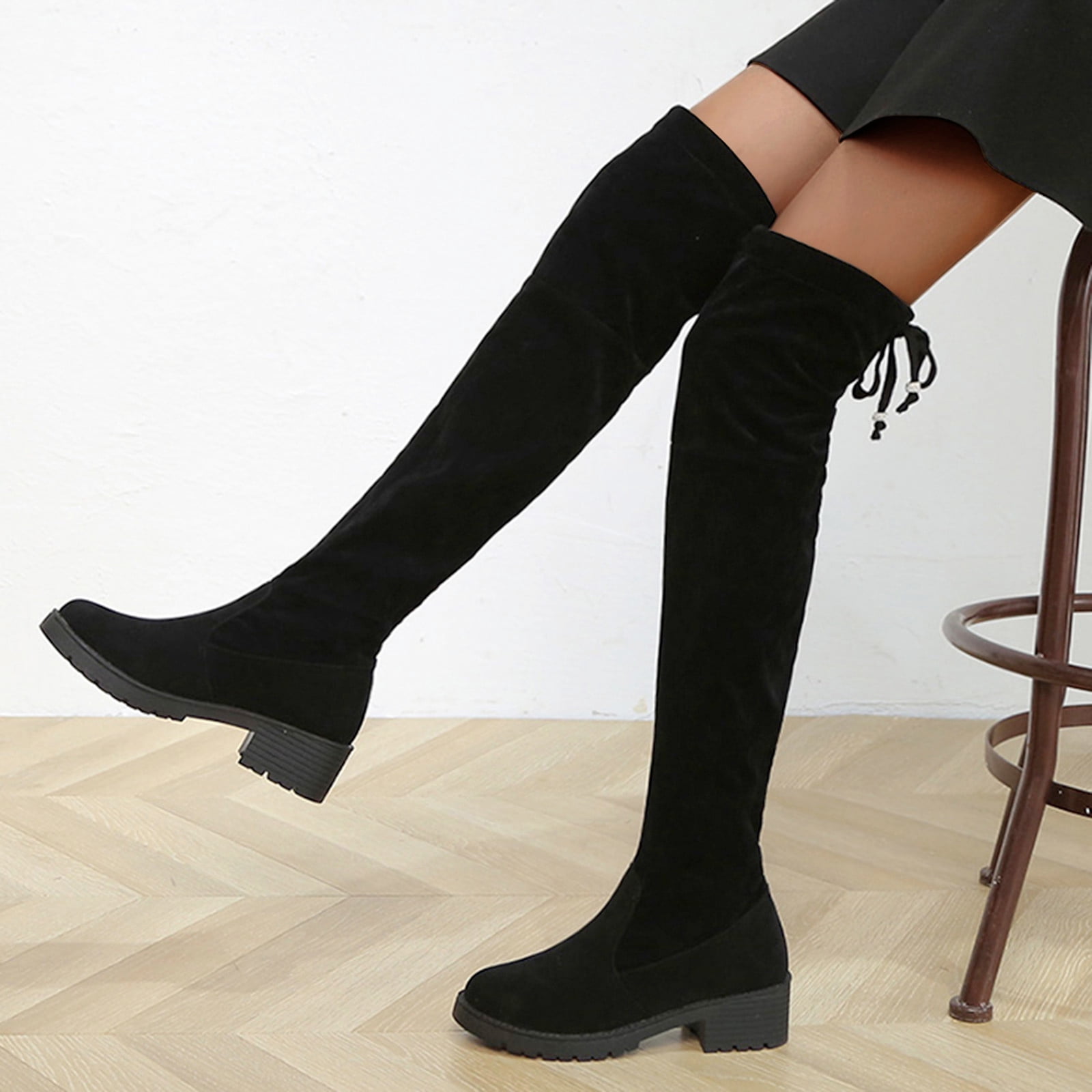 Fuderu Sleeve Knee Fashion Elastic Boots The Over Women's Boots Heel High Suede Women's Boots, Size: 37, Black