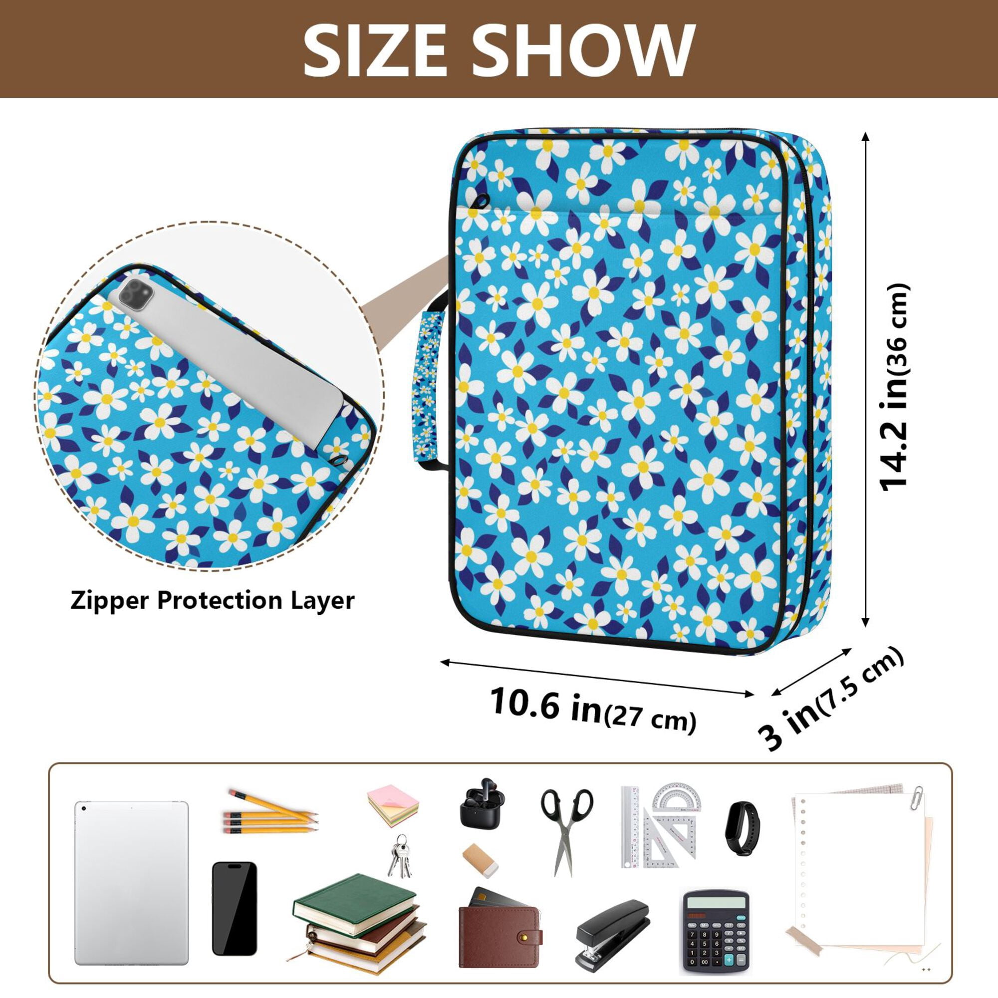 FORMRS Accordion File Folder A4 Size 7-Pocket Expanding Document Organizer Bag with 3 Ring Binder, Blue Daisy Pattern