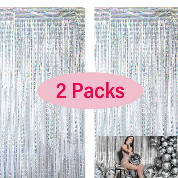 Paquete de 2 cortinas de aluminio con flecos y oropel metálico plateado para cumpleaños, bodas, baby showers, fiestas de discoteca