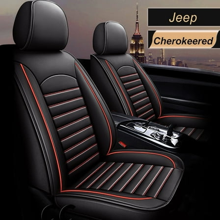 AOMSAZTO Fit Jeep Cherokee 2014-2021 Black & Red Car seat Cover 5-seat Faux Leather Full Set Compatible Airbag