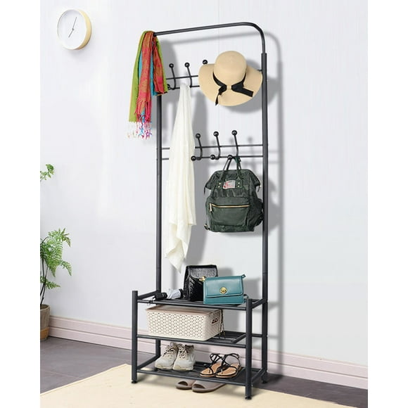 Metal Coat Rack and Stand, Freestanding Hall Coat Tree with Shoe Rack and 18 Hooks, Entryway Hallway Storage Organizer
