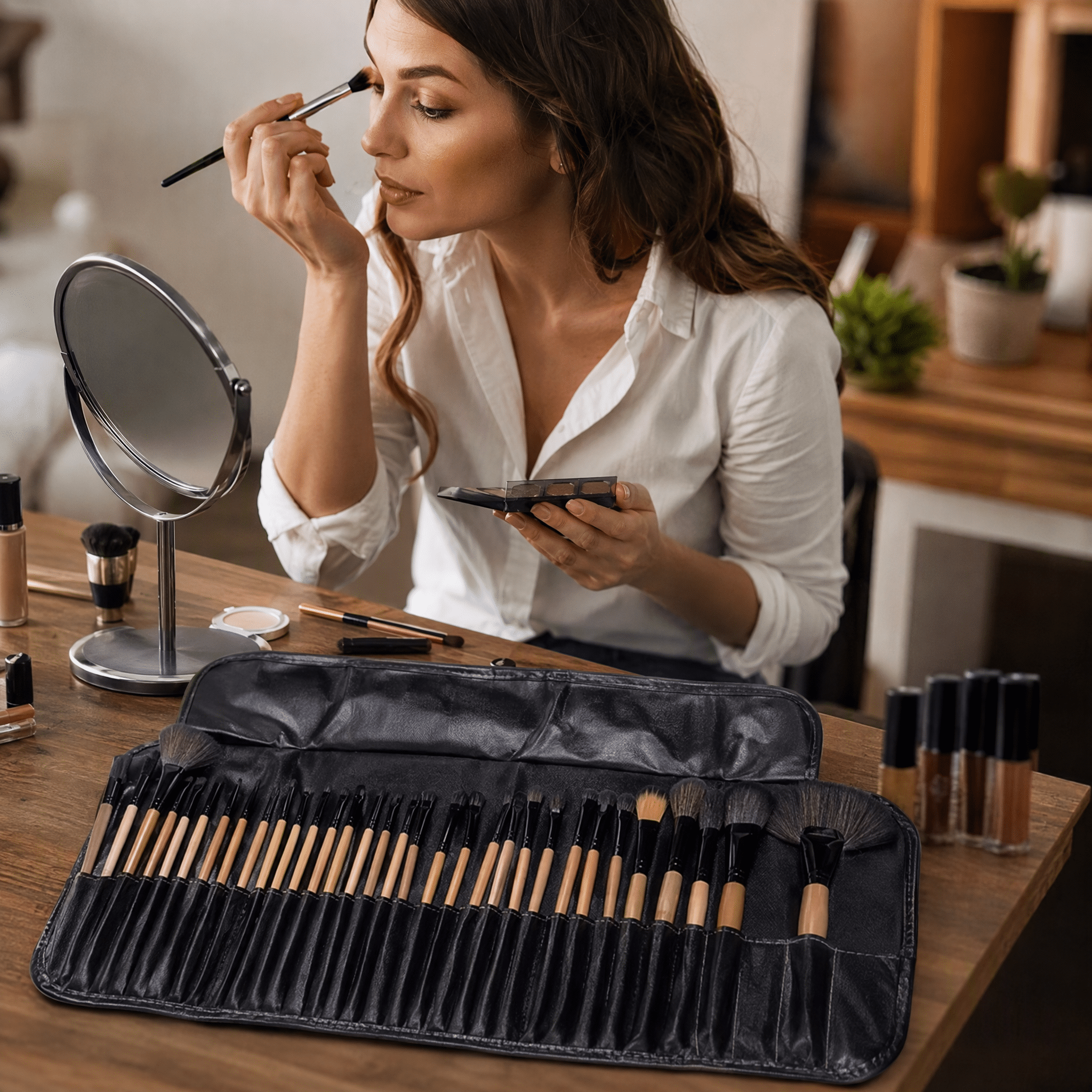 Foldable Makeup Brush Storage Bag, Black Leather Multi Slot Makeup Brush Roll Bag, Professional Makeup Artist Travel Storage Bag