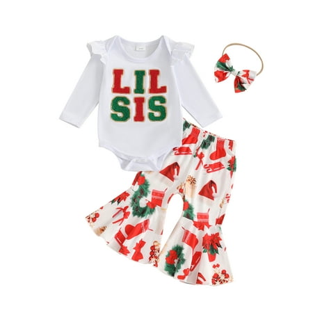 

aturustex Infant Baby Girls Christmas Pants Outfits 0-18M Newborn Long Sleeve Bodysuits Letter Embroidery Romper Crew Neck Jumpsuits Flared Pants HeadCasual Daily Clothes for Christmas Party