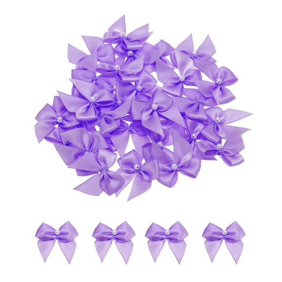 Uxcell 40Pcs Mini Dark Purple Ribbon Bow with Pearl 1" Ribbon Flowers Applique for Craft DIY Decoration