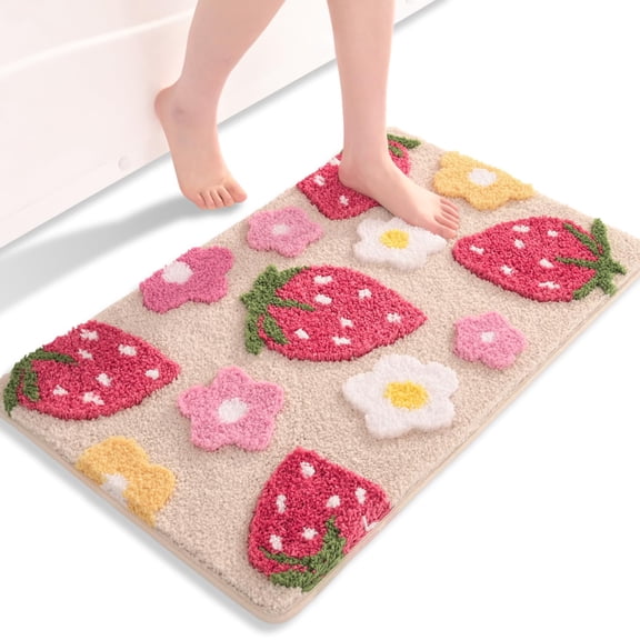 Beige Bathroom Rugs Cute Strawberry Flower Bath Mat Bathroom Accessories, Funny Colorful Non Slip Floor Bath