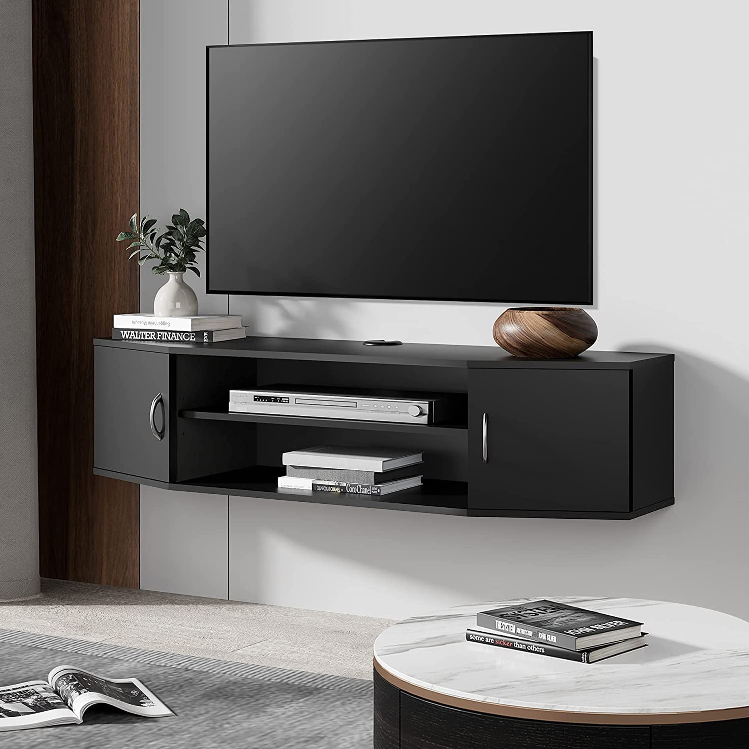 FITUEYES Floating TV Stand with Colorful LED Light, Wall Mounted TV Shlef, Entertainment Center Console Stand with Storage Cabinets for Living Room Bedroom