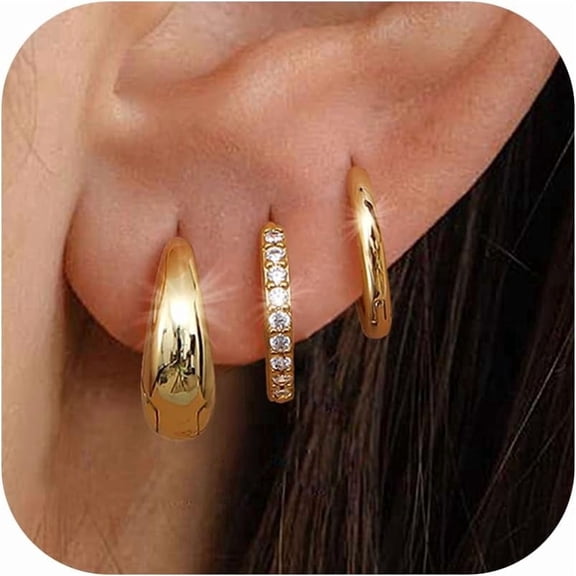 SUETOR 14K Gold Plated Earrings Set for Women, 3Pairs Small Huggie Hoop Earrings with Chunky Hoop & CZ Paved Hoop, Hypoallergenic Lightweight Stackable Cartilage Jewelry for Multiple Piercings Gift