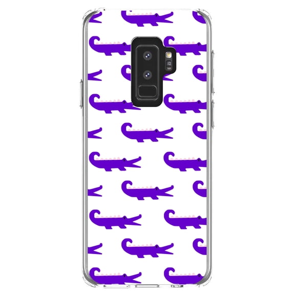 DistinctInk Clear Shockproof Hybrid Case for Samsung Galaxy S9  PLUS (6.2" Screen) - TPU Bumper, Acrylic Back, Tempered Glass Screen Protector - Purple White Alligators - Cartoon Alligators